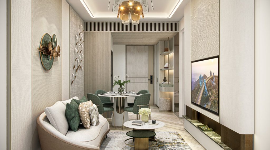 Sun Feliza Suites 8 Nội thất căn hộ 1 phòng ngủ tại Sun Feliza Suites Xuân Thủy, thiết kế hiện đại với sofa cong, bàn tròn ăn 4 ghế, tường trang trí nghệ thuật, đèn trần độc đáo và tivi gắn tường, tạo nên không gian sống đẳng cấp và tiện nghi.