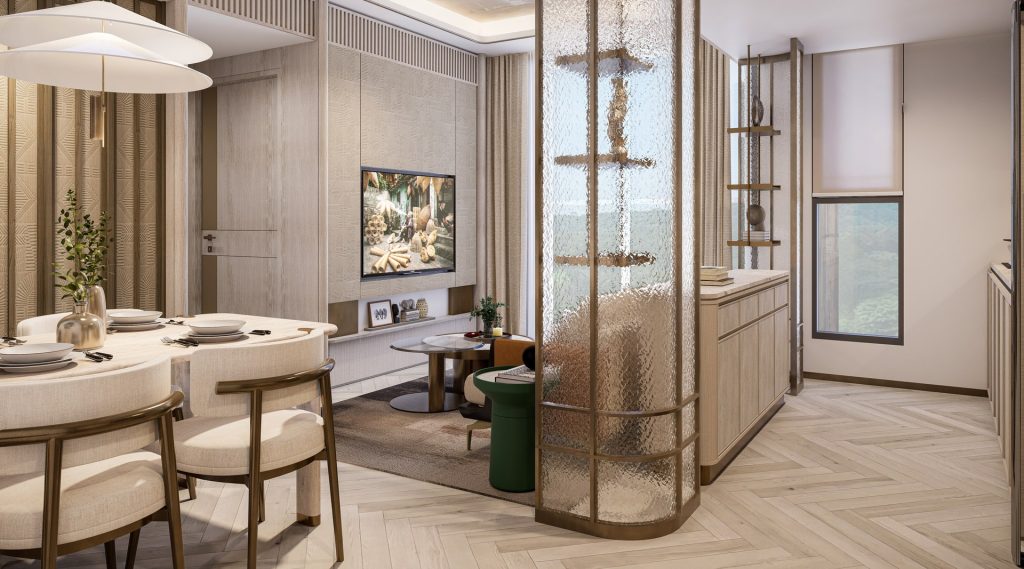 Căn hộ 2 phòng ngủ tại Sun Feliza Suites Xuân Thủy - Lựa chọn lý tưởng cho gia đình hiện đại 3 Nội thất căn hộ 2 phòng ngủ tại Sun Feliza Suites Xuân Thủy với khu vực bàn ăn 4 ghế, phòng khách ấm cúng, vách kính nghệ thuật phân tách không gian, cửa sổ lớn đón ánh sáng tự nhiên, sàn gỗ xương cá và tông màu be nhã nhặn.