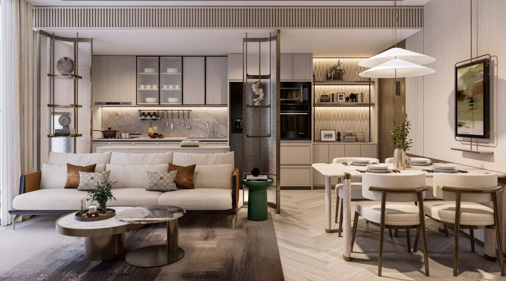 Sun Feliza Suites 10 Phòng khách căn hộ 3 phòng ngủ Sun Feliza Suites Xuân Thủy với sofa sáng màu, bàn trà đôi kim loại, khu vực bếp liền kề hiện đại, bàn ăn 6 ghế, hệ tủ âm tường và đèn trang trí nổi bật. Thiết kế nội thất tinh tế với gam màu trung tính và ánh sáng ấm.