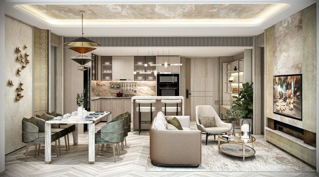 Sun Feliza Suites 11 Phòng khách căn hộ 4 phòng ngủ tại Sun Feliza Suites Xuân Thủy, thiết kế hiện đại với ghế sofa cong, bàn trà đôi, ghế thư giãn, bếp mở với bar mini, bàn ăn 6 ghế bọc nệm cao cấp, đèn trần nghệ thuật và tường trang trí họa tiết nổi. Tông màu be và xám tinh tế, ánh sáng dịu và nội thất sang trọng.