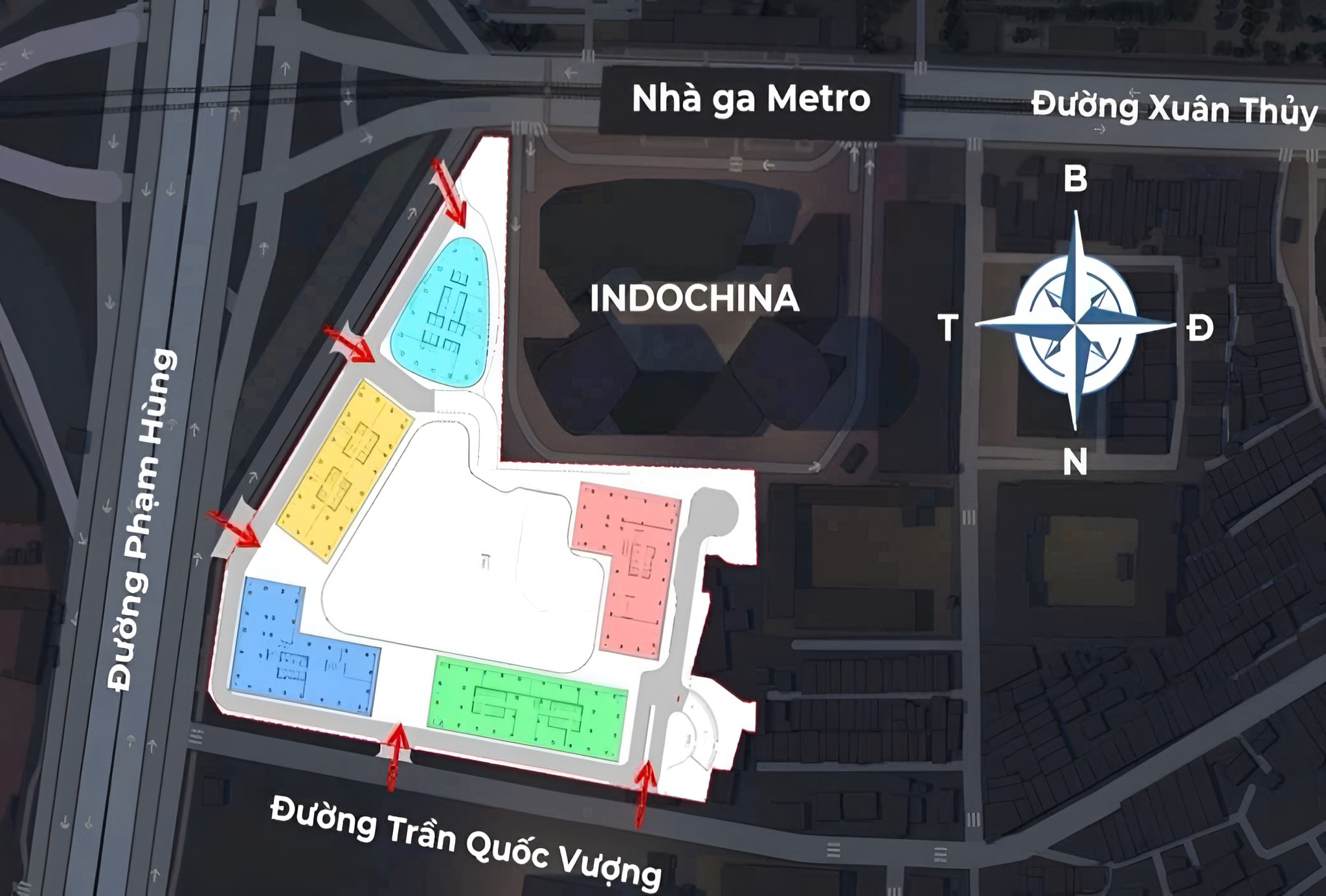 Mặt bằng Sun Feliza Suites - Kiến trúc hiện đại tại trung tâm Cầu Giấy 1 Sơ đồ mặt bằng dự án Sun Feliza Suites Xuân Thủy tại Cầu Giấy, Hà Nội, thể hiện vị trí các khối công trình nhiều màu sắc, giáp các trục đường lớn như Phạm Hùng, Xuân Thủy, Trần Quốc Vượng, với nhà ga Metro ngay phía Bắc và khu Indochina Plaza đối diện.