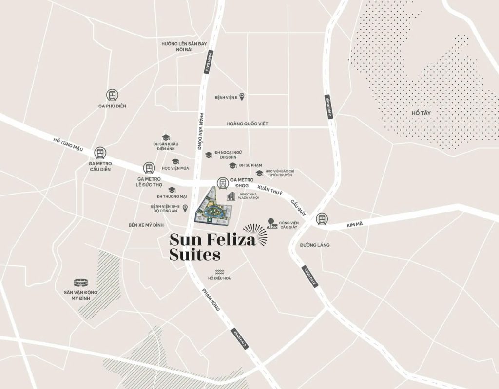 Vị trí dự án Sun Feliza Suites nằm tại mặt đường Xuân Thủy, cạnh tuyến đường sắt đô thị số 3 và bao quanh bởi các tòa nhà lớn như Indochina Plaza, Paragon, Dreamland Bonanza.
