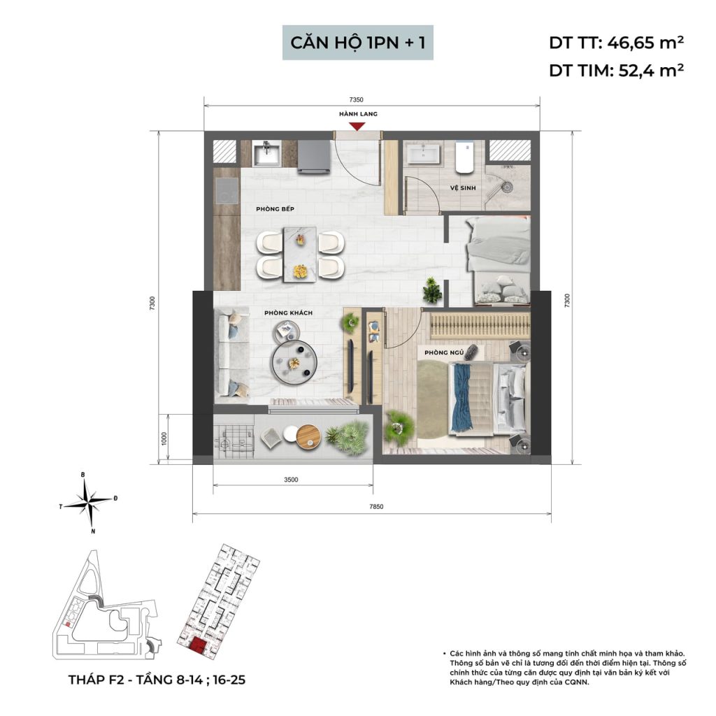 Căn 1PN +1 tầng 8-14, 16-25