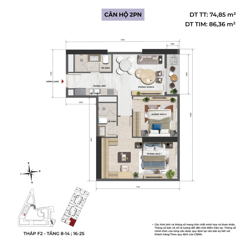 Căn hộ 2 PN tầng 8-14, 16-25