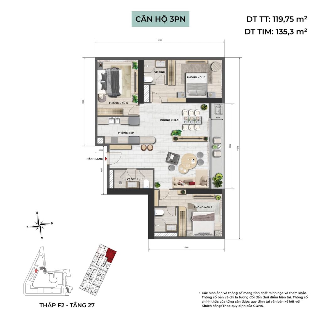 Căn hộ 3PN tầng 27