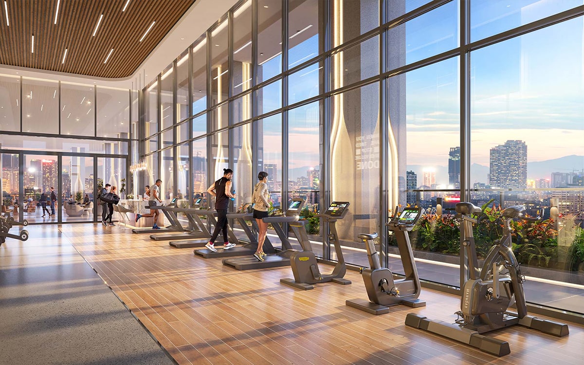 Phòng gym hiện đại tại Sun Feliza Suites – không gian tập luyện đẳng cấp với tầm nhìn toàn cảnh thành phố.